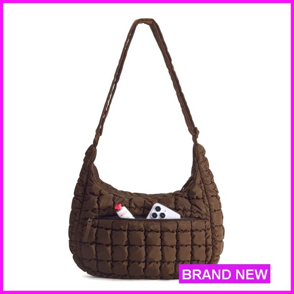 Handbags - Quilted Puffy Crossbody Hobo Bag Adjustable Strap Compact Shoulder Handbag